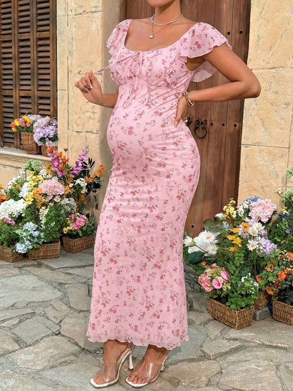Puff Sleeve Front Bow Tie Decor Casual Smock Maternity Dress
