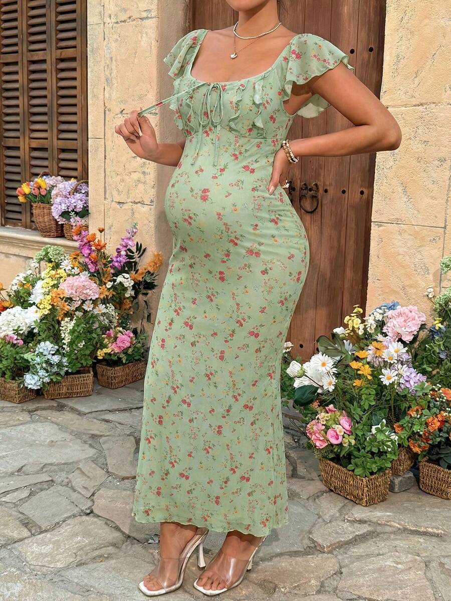 Maternity Puff Sleeve Smock Dress - Blue and White Striped Fruit Pattern Boho Summer Dress with Bow Tie Front & Ruffle Mermaid Hem
