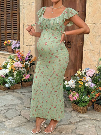 Maternity Puff Sleeve Smock Dress - Blue and White Striped Fruit Pattern Boho Summer Dress with Bow Tie Front & Ruffle Mermaid Hem