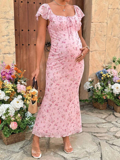 Maternity Puff Sleeve Smock Dress - Blue and White Striped Fruit Pattern Boho Summer Dress with Bow Tie Front & Ruffle Mermaid Hem