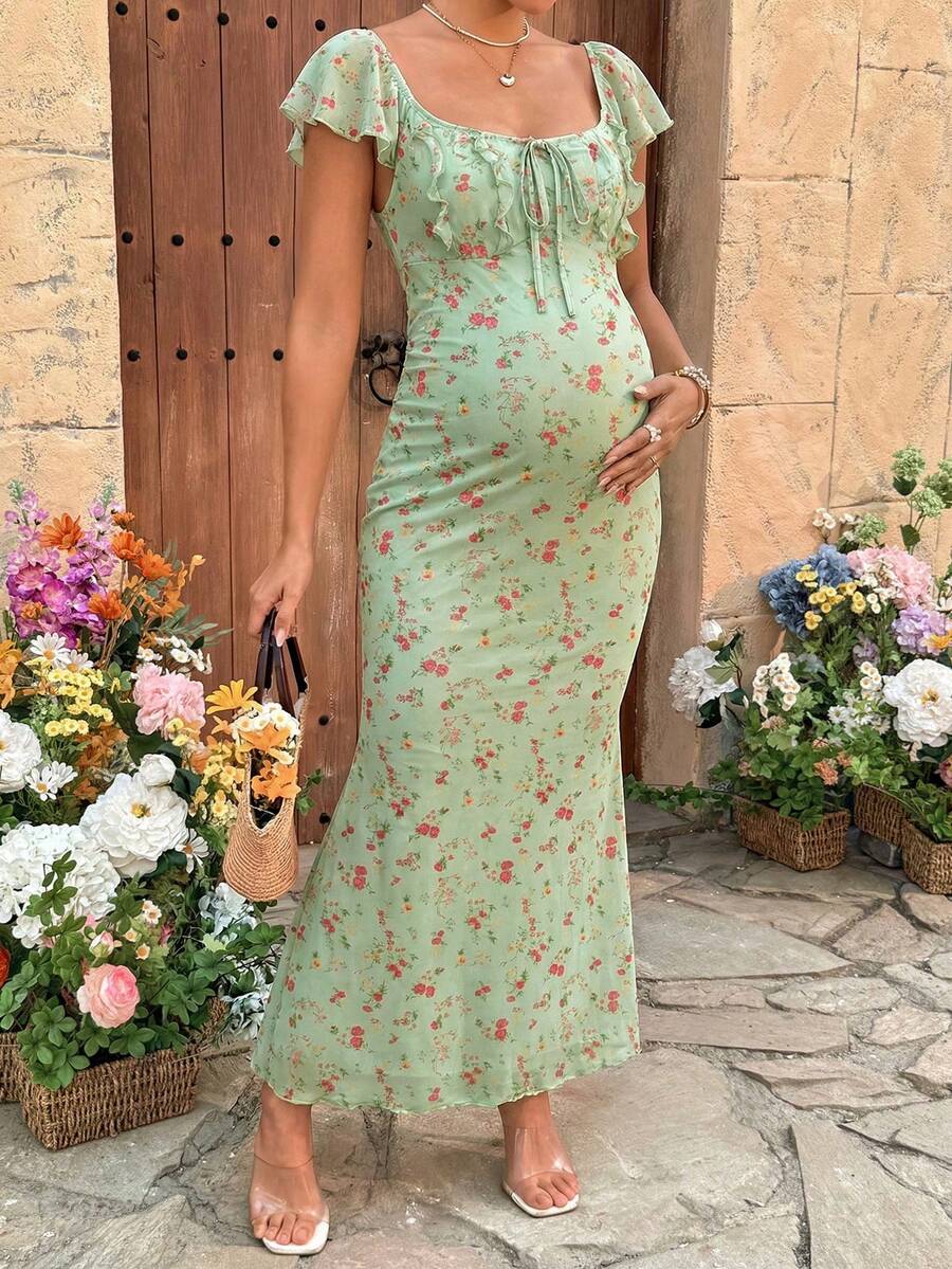 Puff Sleeve Front Bow Tie Decor Casual Smock Maternity Dress