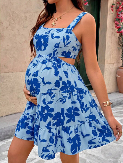Red Floral Cutout Waist Maternity Cami Dress - Boho Ruffle Hem High Waist Summer Vacation Beach Dress - Square Neck Ruched Pregnancy Dress