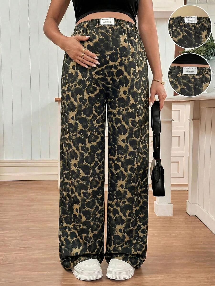 Apricot Allover Print Maternity Straight Leg Pants with Pockets and Ultra High Elastic Waist Loose Fit Casual Long Trousers