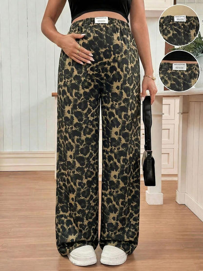 Apricot Allover Print Maternity Straight Leg Pants with Pockets and Ultra High Elastic Waist Loose Fit Casual Long Trousers