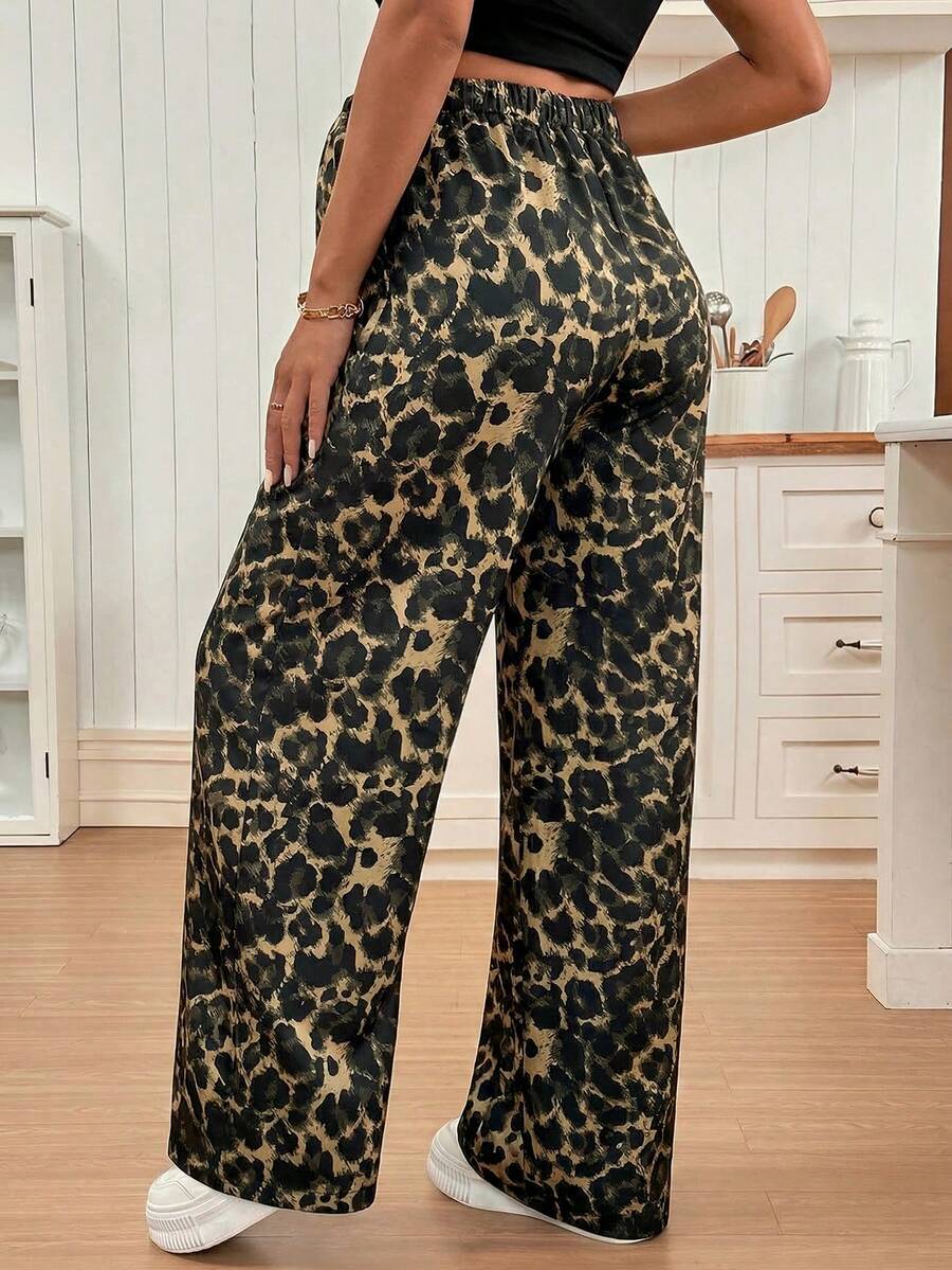 Apricot Allover Print Maternity Straight Leg Pants with Pockets and Ultra High Elastic Waist Loose Fit Casual Long Trousers