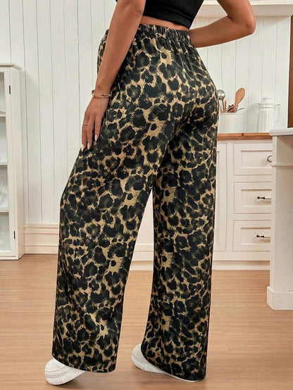 Apricot Allover Print Maternity Straight Leg Pants with Pockets and Ultra High Elastic Waist Loose Fit Casual Long Trousers