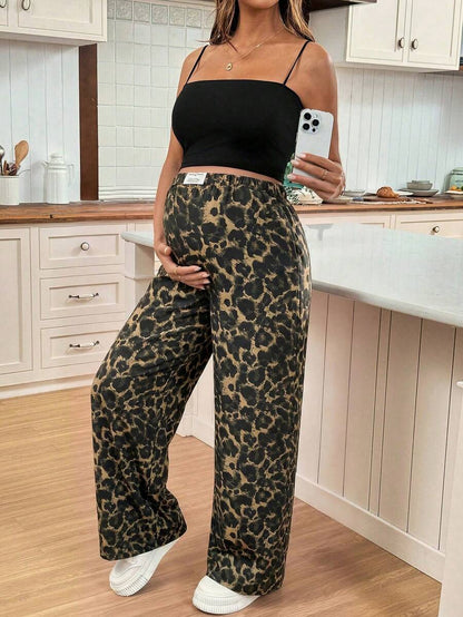 Apricot Allover Print Maternity Straight Leg Pants with Pockets and Ultra High Elastic Waist Loose Fit Casual Long Trousers
