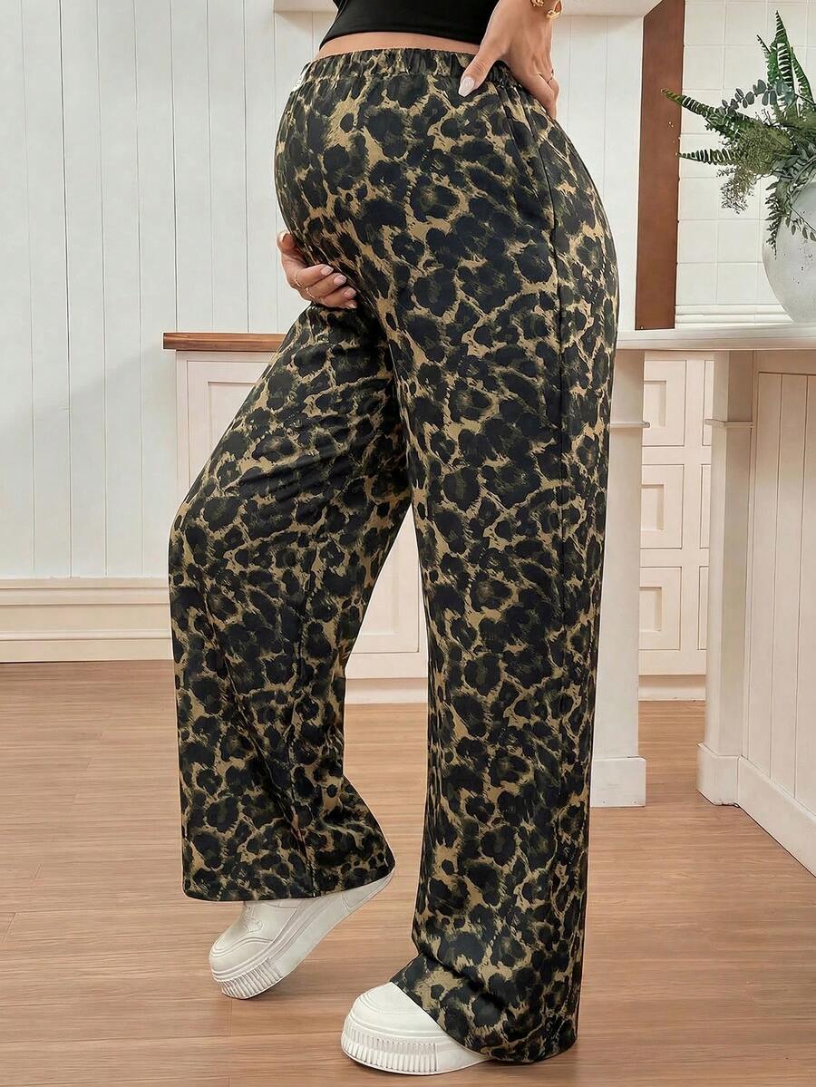 Apricot Allover Print Maternity Straight Leg Pants with Pockets and Ultra High Elastic Waist Loose Fit Casual Long Trousers