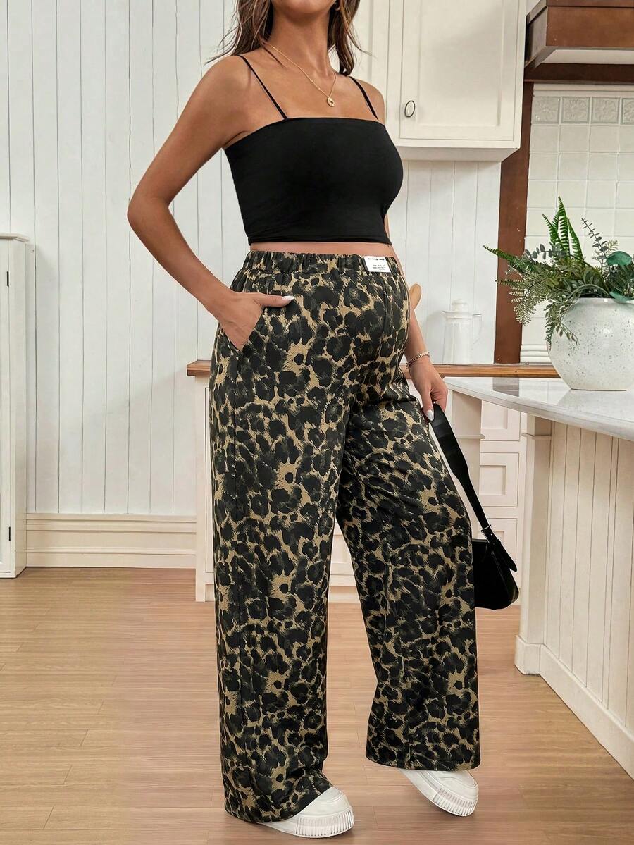 Apricot Allover Print Maternity Straight Leg Pants with Pockets and Ultra High Elastic Waist Loose Fit Casual Long Trousers