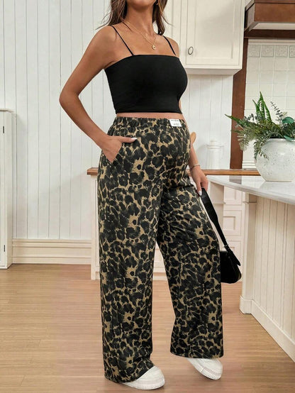 Apricot Allover Print Maternity Straight Leg Pants with Pockets and Ultra High Elastic Waist Loose Fit Casual Long Trousers