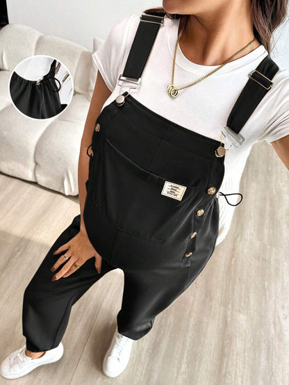 Blue Maternity Patch Pocket Casual Bib Overalls – Loose Fit Sleeveless Solid Color Jumpsuit with Straps and Medium Stretch Woven Fabric
