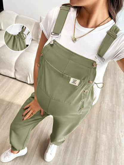 Blue Maternity Patch Pocket Casual Bib Overalls – Loose Fit Sleeveless Solid Color Jumpsuit with Straps and Medium Stretch Woven Fabric