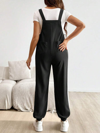 Blue Maternity Patch Pocket Casual Bib Overalls – Loose Fit Sleeveless Solid Color Jumpsuit with Straps and Medium Stretch Woven Fabric