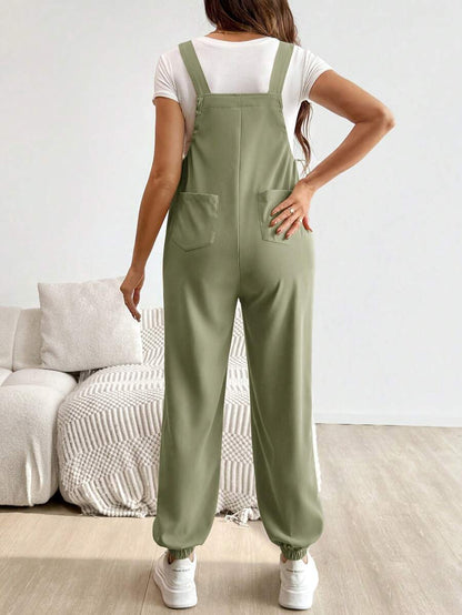 Blue Maternity Patch Pocket Casual Bib Overalls – Loose Fit Sleeveless Solid Color Jumpsuit with Straps and Medium Stretch Woven Fabric