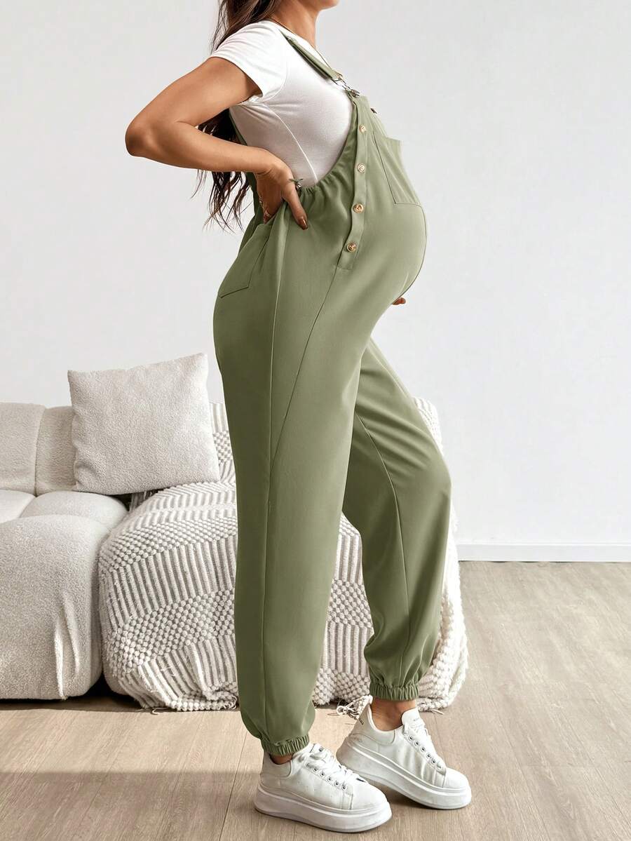 Blue Maternity Patch Pocket Casual Bib Overalls – Loose Fit Sleeveless Solid Color Jumpsuit with Straps and Medium Stretch Woven Fabric