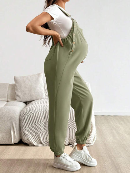 Blue Maternity Patch Pocket Casual Bib Overalls – Loose Fit Sleeveless Solid Color Jumpsuit with Straps and Medium Stretch Woven Fabric