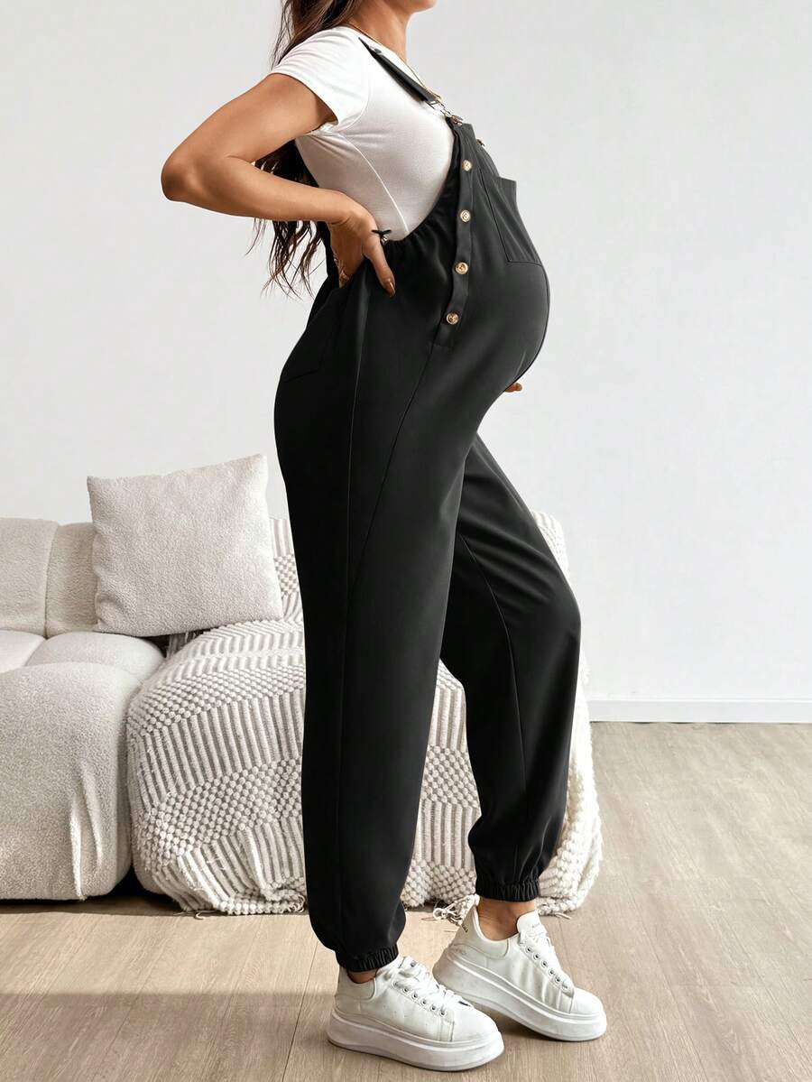 Blue Maternity Patch Pocket Casual Bib Overalls – Loose Fit Sleeveless Solid Color Jumpsuit with Straps and Medium Stretch Woven Fabric