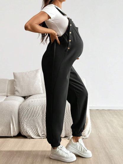 Blue Maternity Patch Pocket Casual Bib Overalls – Loose Fit Sleeveless Solid Color Jumpsuit with Straps and Medium Stretch Woven Fabric