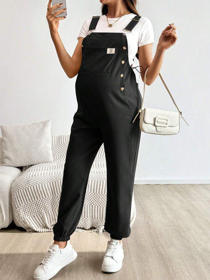 Blue Maternity Patch Pocket Casual Bib Overalls – Loose Fit Sleeveless Solid Color Jumpsuit with Straps and Medium Stretch Woven Fabric