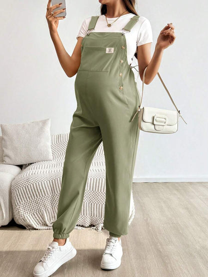 Blue Maternity Patch Pocket Casual Bib Overalls – Loose Fit Sleeveless Solid Color Jumpsuit with Straps and Medium Stretch Woven Fabric