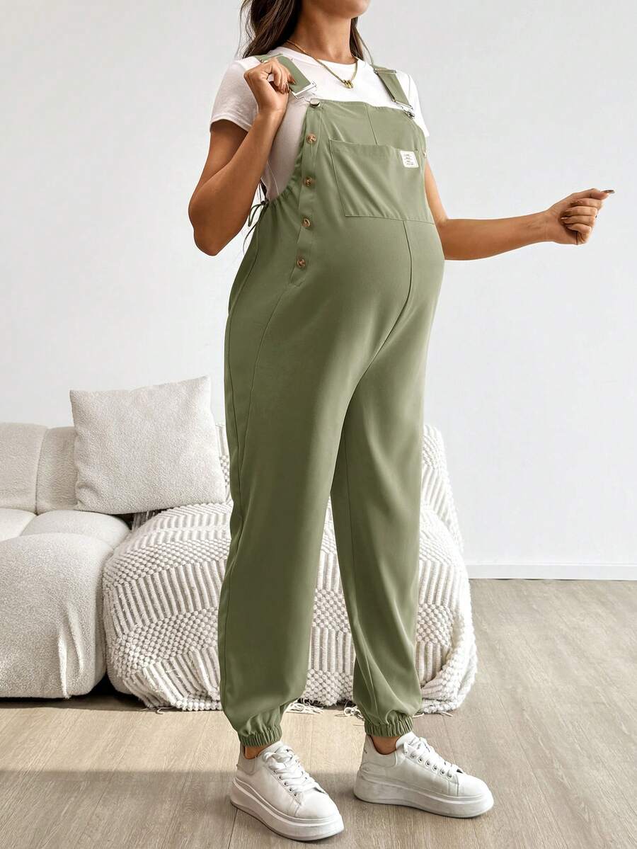 Blue Maternity Patch Pocket Casual Bib Overalls – Loose Fit Sleeveless Solid Color Jumpsuit with Straps and Medium Stretch Woven Fabric