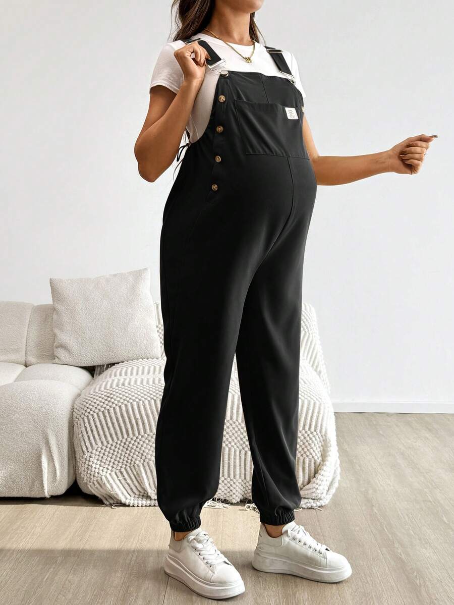 Blue Maternity Patch Pocket Casual Bib Overalls – Loose Fit Sleeveless Solid Color Jumpsuit with Straps and Medium Stretch Woven Fabric