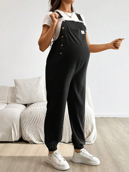 Blue Maternity Patch Pocket Casual Bib Overalls – Loose Fit Sleeveless Solid Color Jumpsuit with Straps and Medium Stretch Woven Fabric