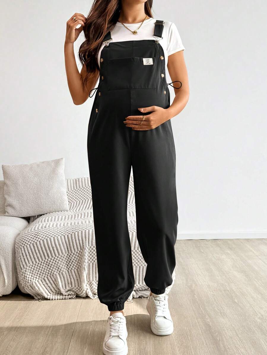 Blue Maternity Patch Pocket Casual Bib Overalls – Loose Fit Sleeveless Solid Color Jumpsuit with Straps and Medium Stretch Woven Fabric