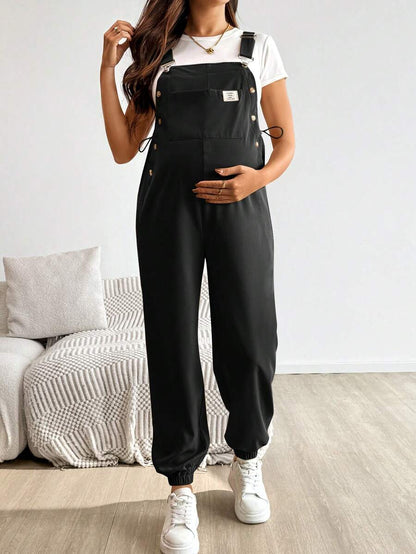 Blue Maternity Patch Pocket Casual Bib Overalls – Loose Fit Sleeveless Solid Color Jumpsuit with Straps and Medium Stretch Woven Fabric