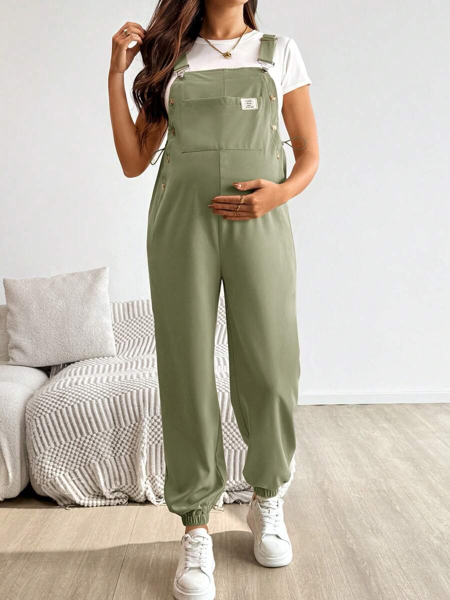 Blue Maternity Patch Pocket Casual Bib Overalls – Loose Fit Sleeveless Solid Color Jumpsuit with Straps and Medium Stretch Woven Fabric