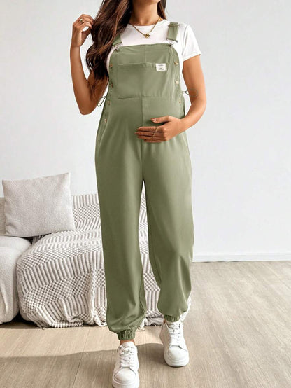 Blue Maternity Patch Pocket Casual Bib Overalls – Loose Fit Sleeveless Solid Color Jumpsuit with Straps and Medium Stretch Woven Fabric