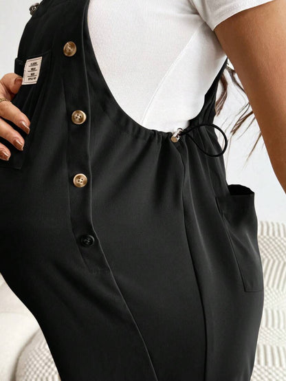 Blue Maternity Patch Pocket Casual Bib Overalls – Loose Fit Sleeveless Solid Color Jumpsuit with Straps and Medium Stretch Woven Fabric