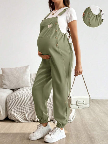 Blue Maternity Patch Pocket Casual Bib Overalls – Loose Fit Sleeveless Solid Color Jumpsuit with Straps and Medium Stretch Woven Fabric