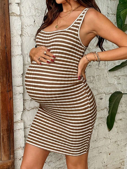 Blue and White Striped Maternity Mini Tank Dress - Square Neck Slim Fit High Stretch Knit Summer Pregnancy Dress for Beach Vacation