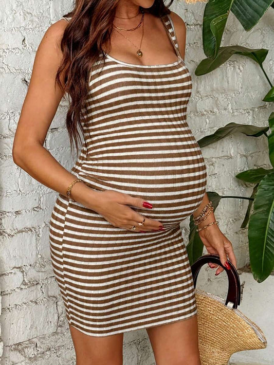 Maternity Summer Casual Striped Mini Tank Dress Square Neck High Stretch Slim Fit Knit Bodycon for Beach and Vacation