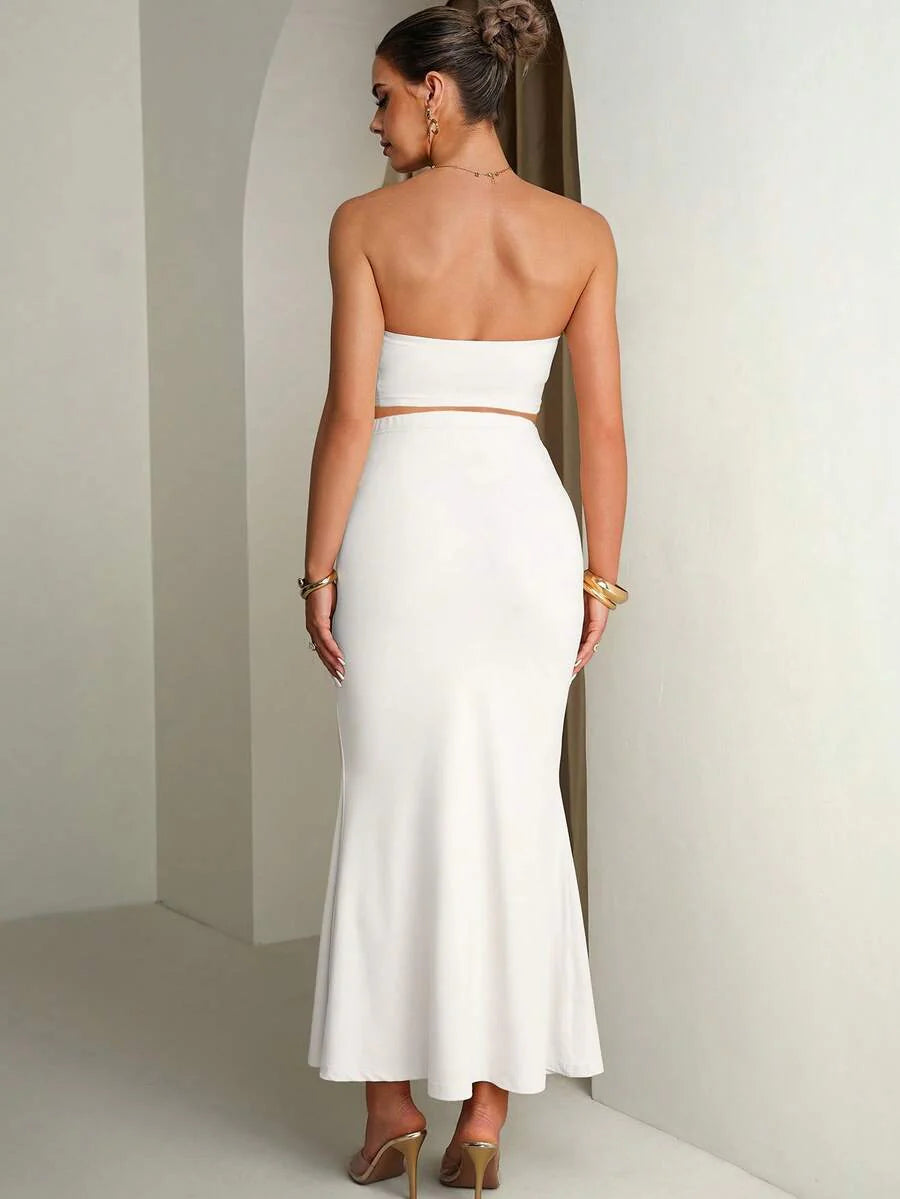 Maternity Solid Color Ruffle Trim Cropped Camisole Top And Adjustable Waist Mermaid Hem Skirt Elegant 2-Piece Set Summer Outfits Pregnancy Dress For Photoshoot  Wedding Guest Dress