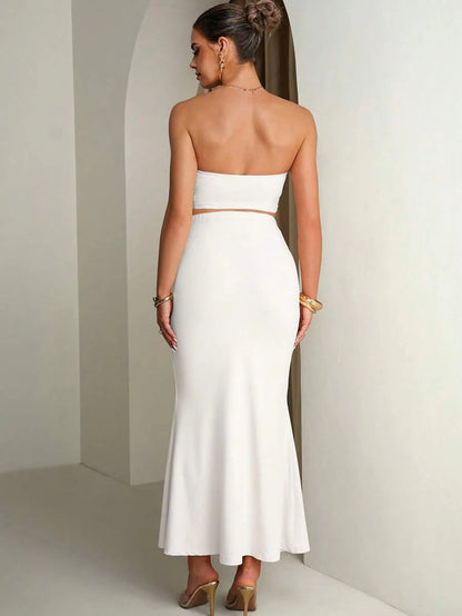 Maternity Solid Color Ruffle Trim Cropped Camisole Top And Adjustable Waist Mermaid Hem Skirt Elegant 2-Piece Set Summer Outfits Pregnancy Dress For Photoshoot  Wedding Guest Dress