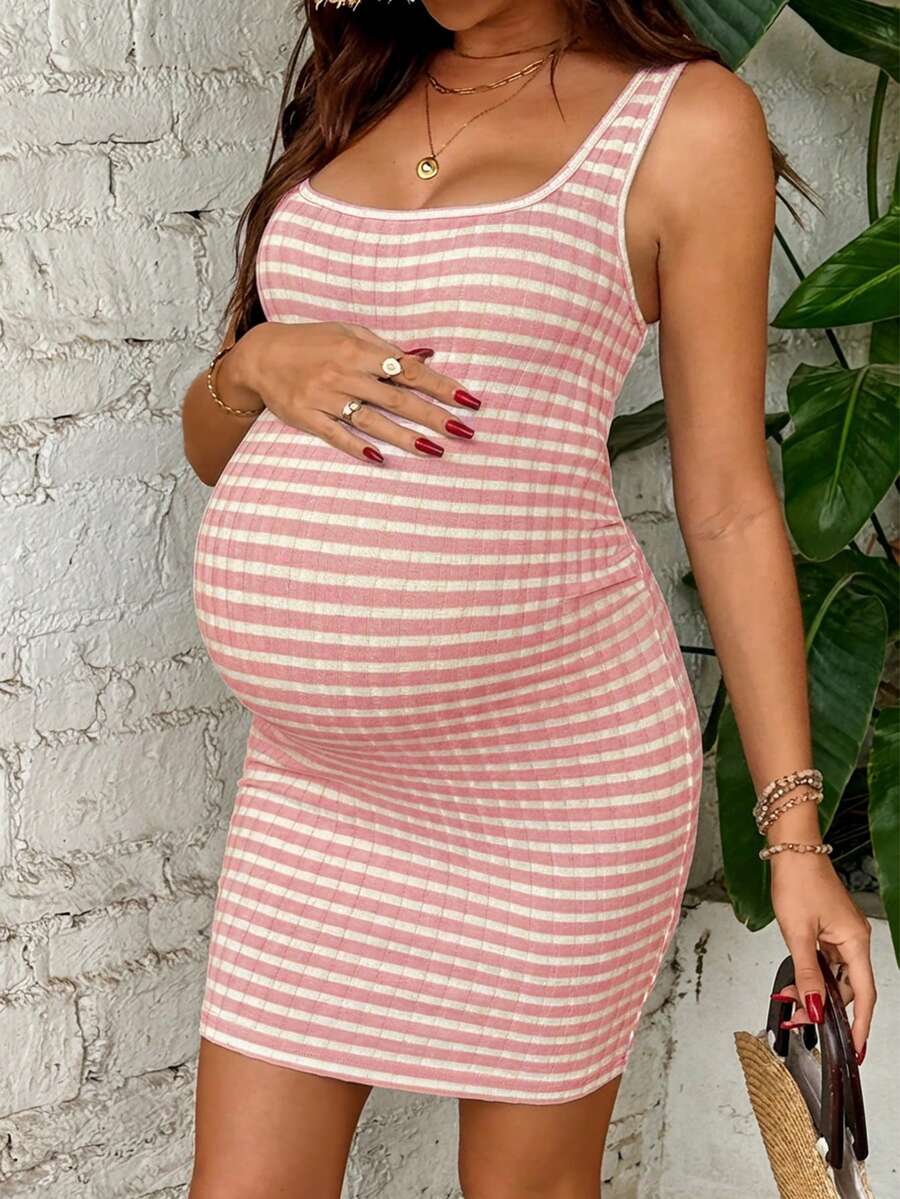 Maternity Summer Casual Striped Mini Tank Dress Square Neck High Stretch Slim Fit Knit Bodycon for Beach and Vacation