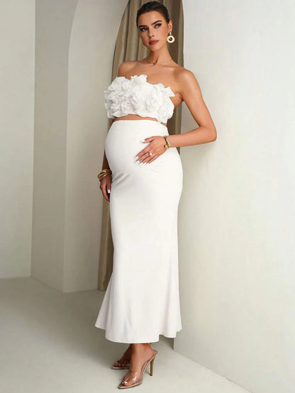 Maternity Solid Color Ruffle Trim Cropped Camisole Top And Adjustable Waist Mermaid Hem Skirt Elegant 2-Piece Set Summer Outfits Pregnancy Dress For Photoshoot  Wedding Guest Dress