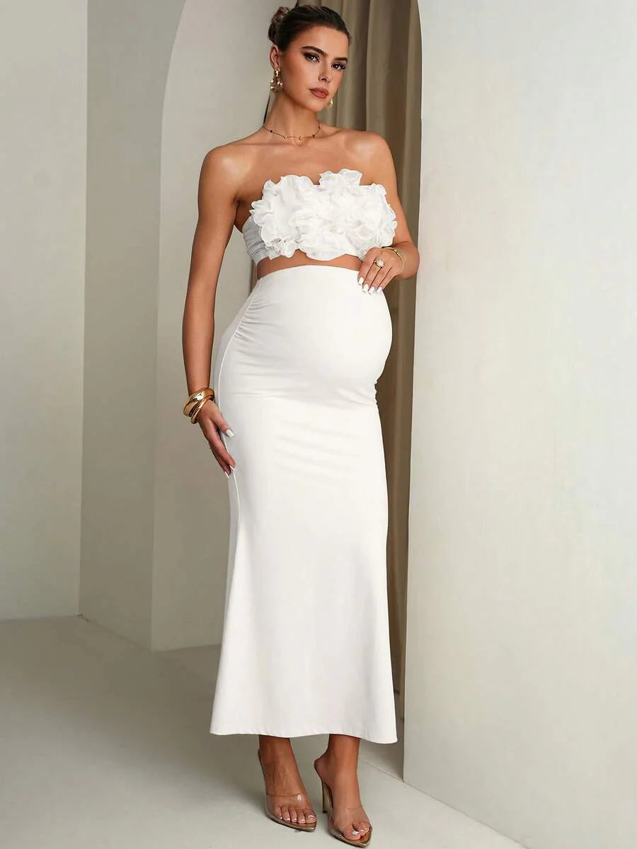 Maternity Solid Color Ruffle Trim Cropped Camisole Top And Adjustable Waist Mermaid Hem Skirt Elegant 2-Piece Set Summer Outfits Pregnancy Dress For Photoshoot  Wedding Guest Dress