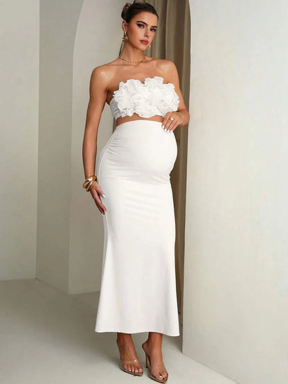 Maternity Solid Color Ruffle Trim Cropped Camisole Top And Adjustable Waist Mermaid Hem Skirt Elegant 2-Piece Set Summer Outfits Pregnancy Dress For Photoshoot  Wedding Guest Dress