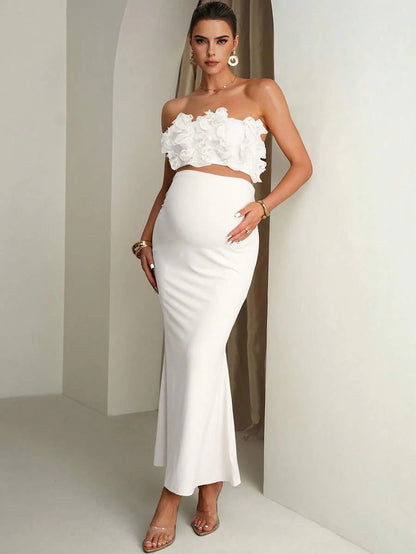 Maternity Solid Color Ruffle Trim Cropped Camisole Top And Adjustable Waist Mermaid Hem Skirt Elegant 2-Piece Set Summer Outfits Pregnancy Dress For Photoshoot  Wedding Guest Dress