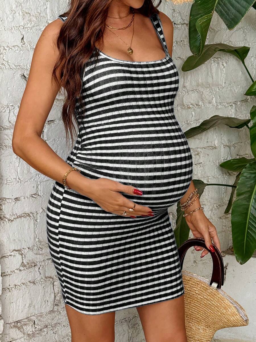 Maternity Striped Print Square Neck Fitted Sleeveless Dress