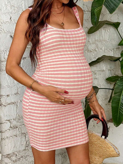 Maternity Summer Casual Striped Mini Tank Dress Square Neck High Stretch Slim Fit Knit Bodycon for Beach and Vacation