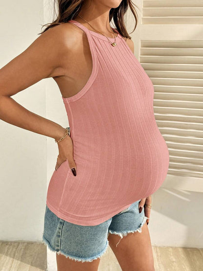 Black Cotton Maternity Tank Top - Slim Fit High Stretch Strappy Cami - Sleeveless Summer Beach Casual Pregnancy Ribbed Knit Basic