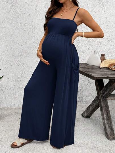 Royal Blue High-Stretch Maternity Halter Jumpsuit – Loose Fit Capri Length Unitard with Pockets & Draped Detail for Yoga, Casual Wear, or Night Out