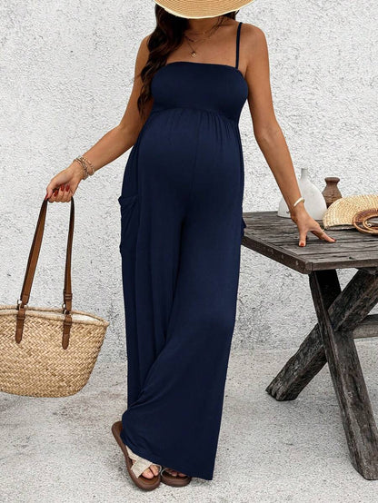 Royal Blue High-Stretch Maternity Halter Jumpsuit – Loose Fit Capri Length Unitard with Pockets & Draped Detail for Yoga, Casual Wear, or Night Out