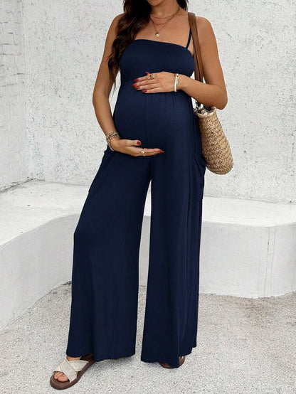 Royal Blue High-Stretch Maternity Halter Jumpsuit – Loose Fit Capri Length Unitard with Pockets & Draped Detail for Yoga, Casual Wear, or Night Out