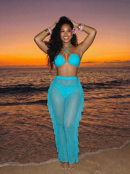 Swim Vcay 3pcs Set New Navy Blue Spring/Summer Halter Backless Crop Top, Trousers And Ruffle Hem Mesh Beach Pants Casual Vacation Bikini Swimwear For Women