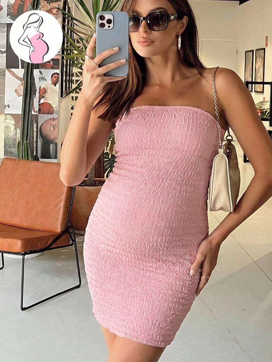 Pregnant Women's Casual Vacation Minimalist Solid Color Textured Fabric Fitted Tube Dress, Summer